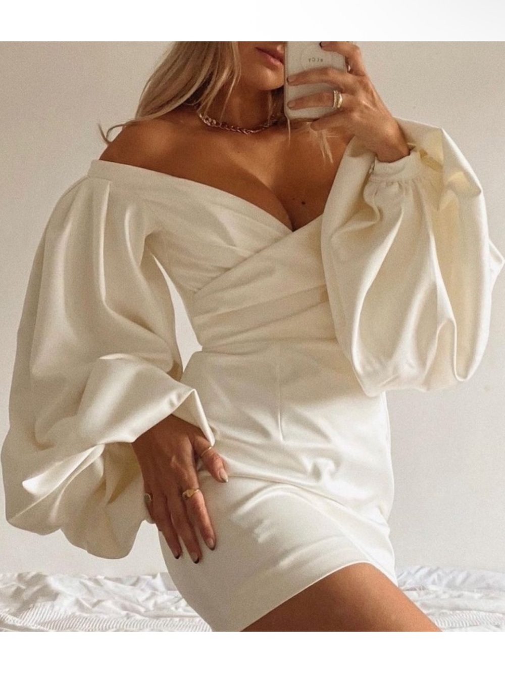 New House of CB Carlyn Balloon Sleeve Ivory Mini Dress